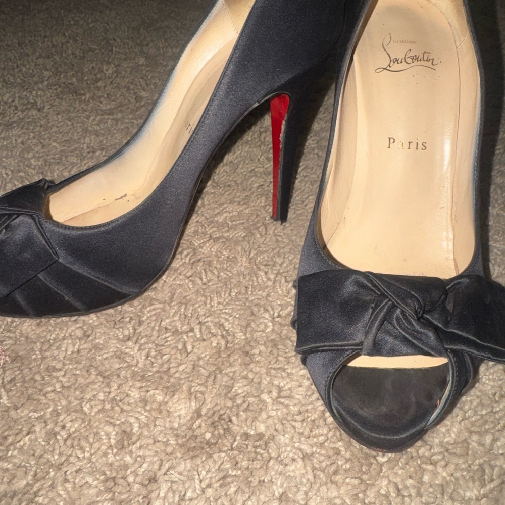 Christian Louboutin Black Satin Peep-Toe Pumps with Red Sole